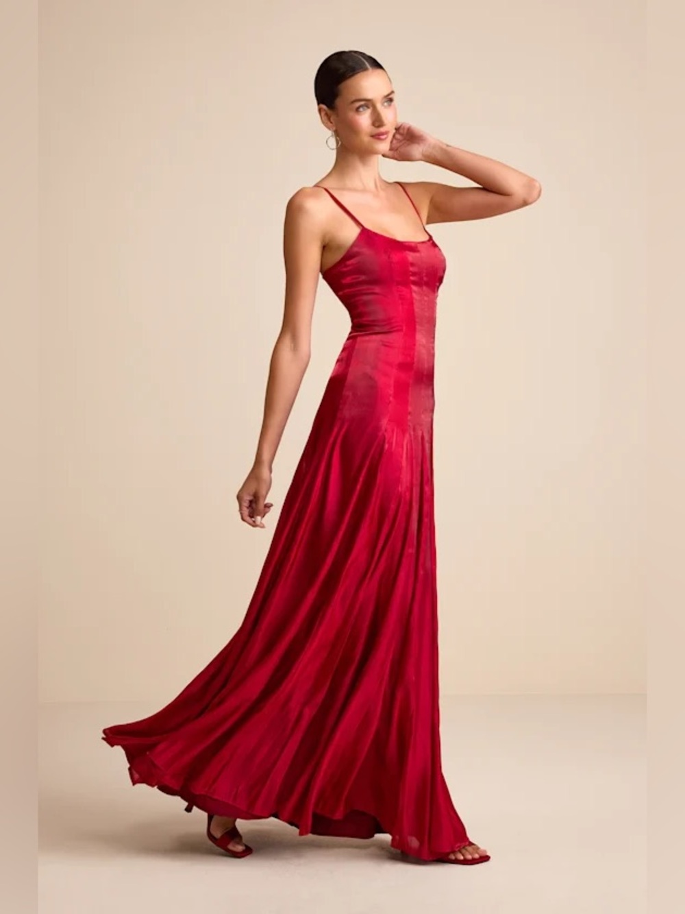 Lulu’s Berry Red Organza Pleated Drop Waist Maxi Dress